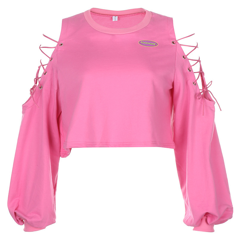 Fashion Women Edgy Pullover Long Sleeve Short Loose Cool-Shoulder Lace-Up Solid Crop Top