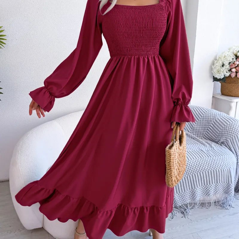 Ramadan /Eid Women Fashion Casual Square Collar Large Ruffled Maxi Dress