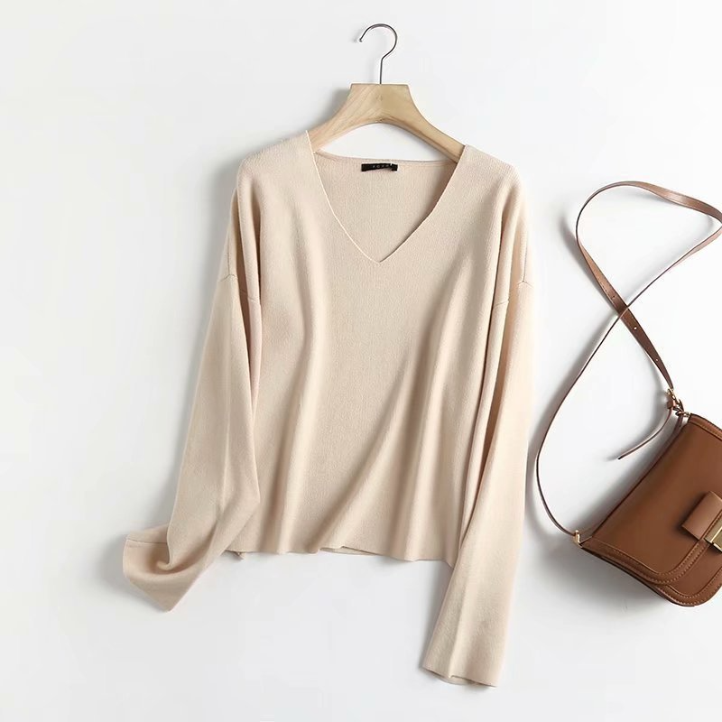 Basic V-Neck Sweater Plain Pullover Long-Sleeved Women Casual Knittwear