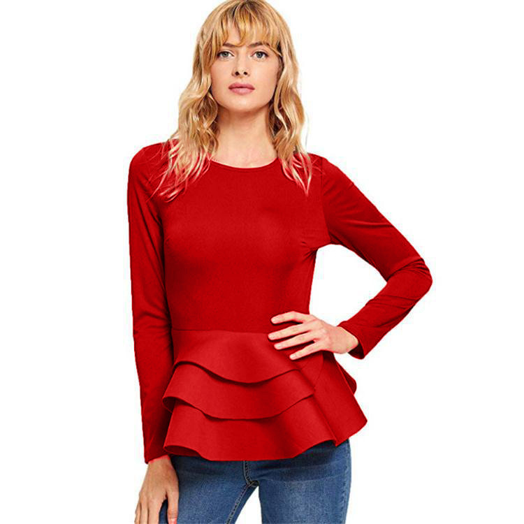 Women Casual Solid Color Double-Layer Ruffled Hem Long-Sleeved Office Chic Blouse