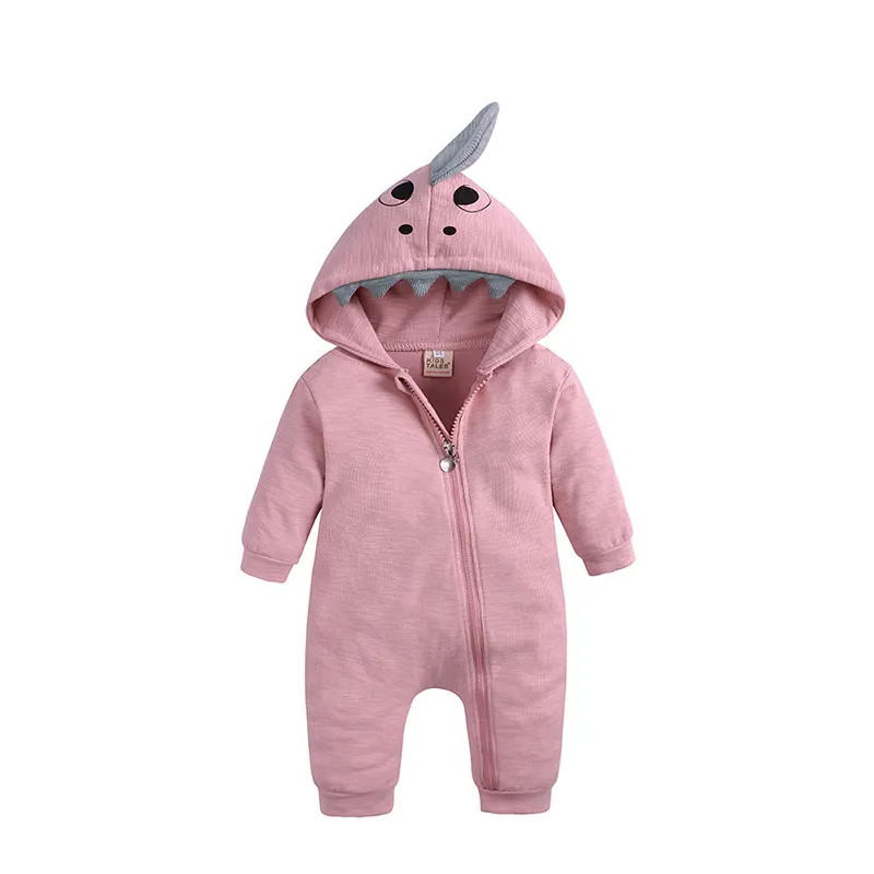 Kids Baby Boys Girls Autumn Winter Casual Cute Solid Color Shark Dinosaur Long Sleeve Hooded Jumpsuit