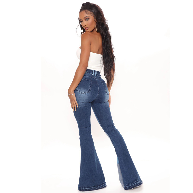 Women Fashion Retro Stitching Color Blocking Flared High Waist Jeans