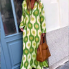 Ramadan /Eid Women Casual Boho Style Geometry Print Long Sleeve V Neck Loose Maxi Dress