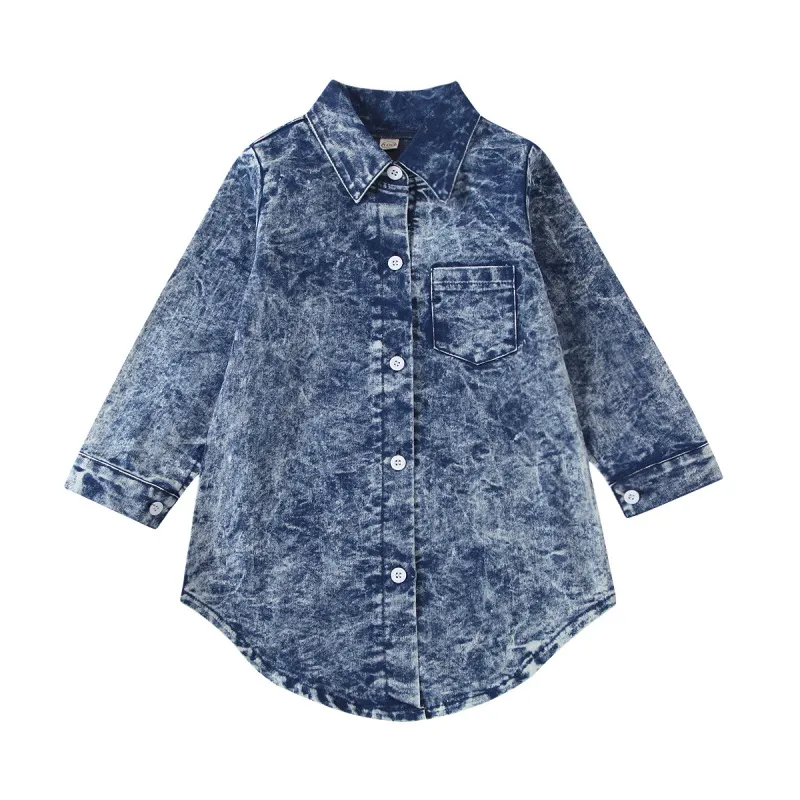 Children Kids Toddlers Fashion Girls Long Sleeve Denim Lapel Shirt