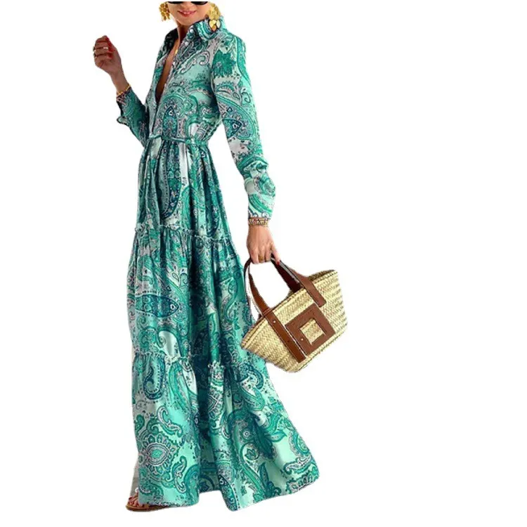 Women Ramadan /Eid Fashion Boho Paisley Printing Long Sleeve Dress