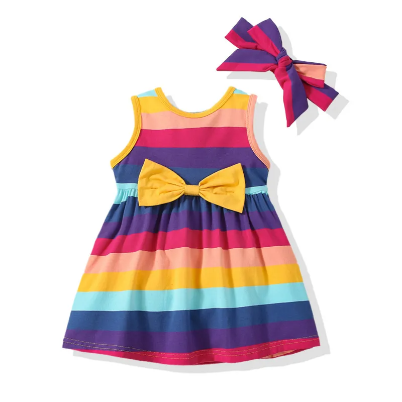 Kids Baby Girls Summer Butterfly Headband Rainbow Stripe Sleeveless Round Neck Princess Dress Set