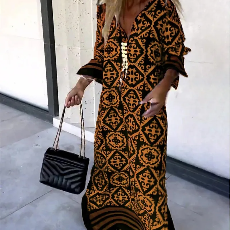 Ramadan /Eid Women Casual Boho Style Geometry Stripe Print Long Sleeve V Neck Loose Maxi Dress