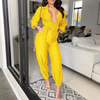 Women Solid Color Lapel V Neck Waist Tie Long Sleeve Loose Casual Jumpsuit