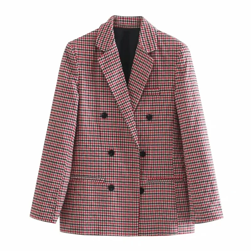 Women Retro Casual Single-Breasted Long Sleeve Plaid Blazer Coat