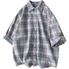 Men Casual Loose Lapel Single-Breasted Design Plaid Half-Sleeved Shirt