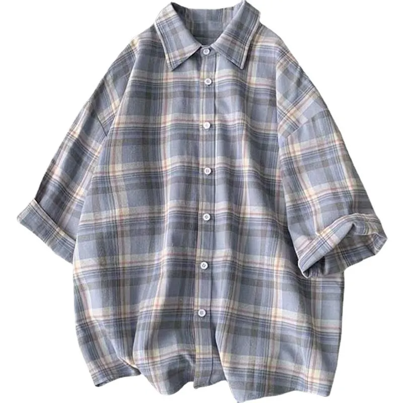 Men Casual Loose Lapel Single-Breasted Design Plaid Half-Sleeved Shirt