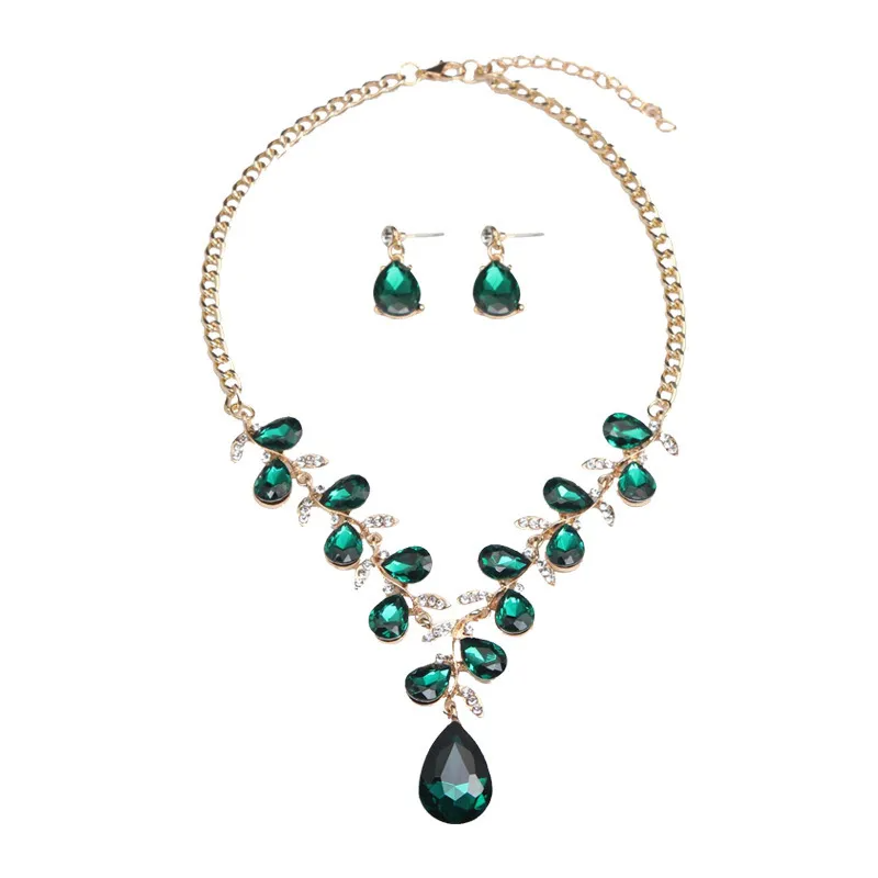 Women Fashion Exaggerated Crystal Gem Leaves Necklace Earrings Set