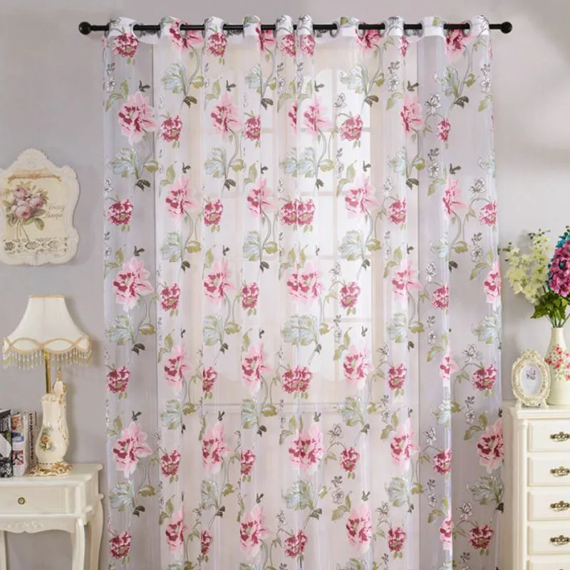 (Buy 1 Get 1) Beautiful Floral Print See-Through Home Bedroom Curtains