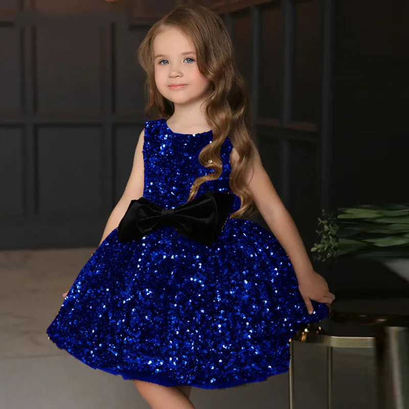 Toddler Girls Fashion Party Cute Bow Sequins Sleeveless Round Neck Tutu Princess Dress