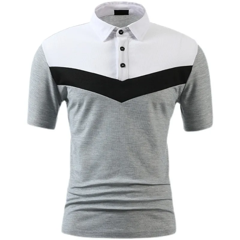 Men Business Casual Stitching Contrast Color Short Sleeved Lapel Polo Shirt