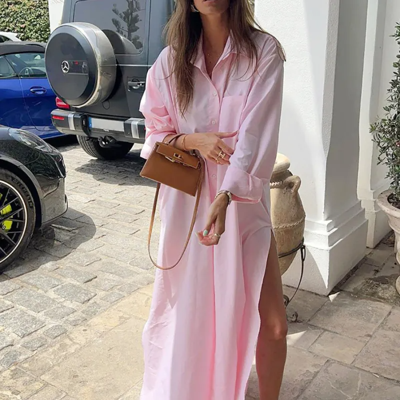 Women Casual Solid Color Elegant Split Long Sleeve Maxi Dress