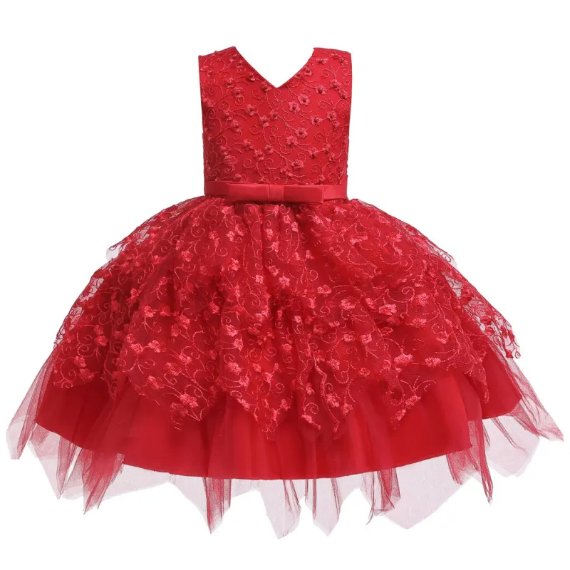 Kids Toddler Girls Fashion Party Cute Sweet Solid Color Floral Embroidery Pleated Sleeveless Mesh Party Tutu Dress