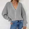 Women Casual V-Neck Buttoned Lantern Sleeve Sweater