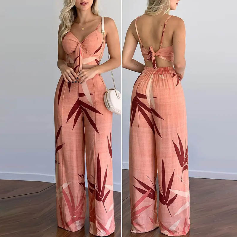 Fashion Women Sexy Summer Vacation Leaf Print Camis High Waist Wide Leg Pants Casual Set