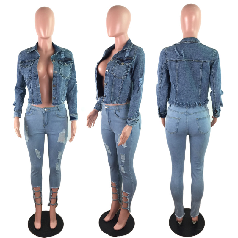 Women Personality Ripped Tassel Short Retro Long Sleeve Denim Jacket