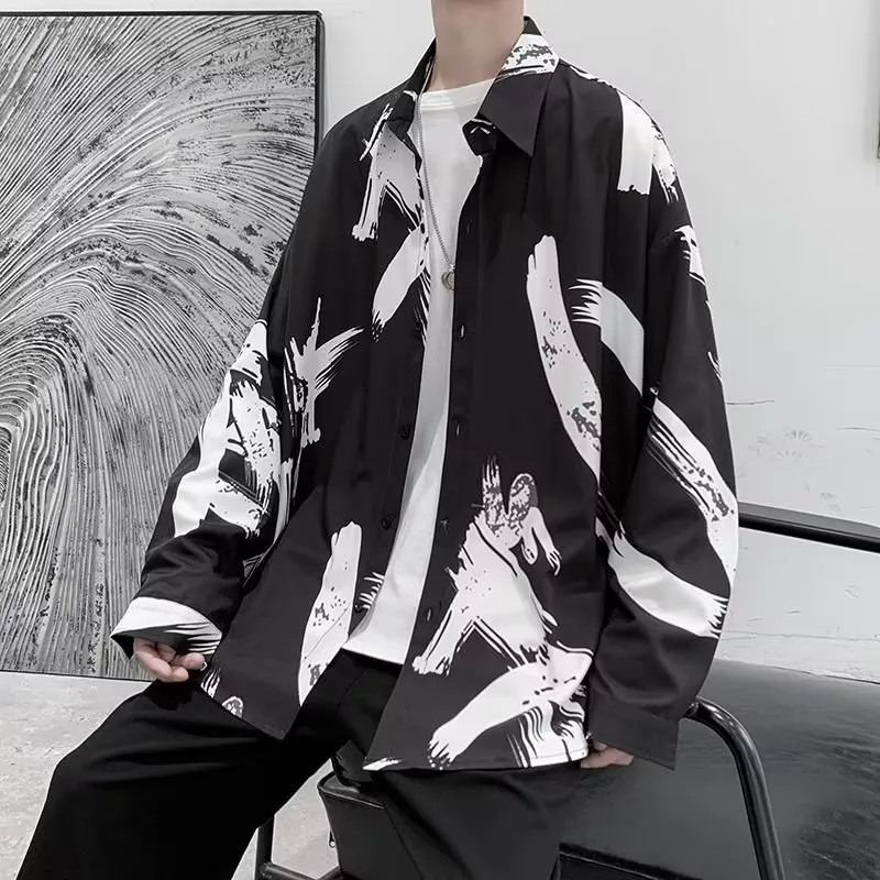 Men Fashion Lapel Splattered Ink Graphic Print Long Sleeve Shirt