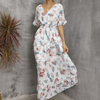 Women Fashion Casual Floral Printing V-Neck Short Sleeve Slit Dress