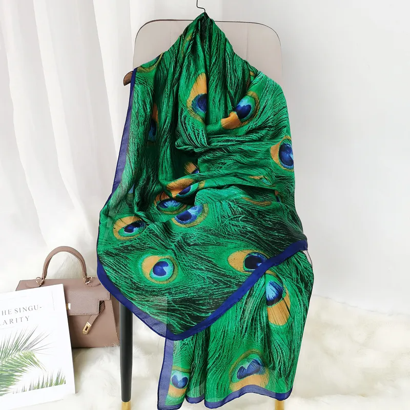 (Buy 1 Get 1) Women Fashion Peacock Feather Print Silk Scarf