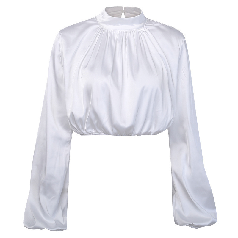 Women'S Fashion Temperament Turtle Collar Loose Solid Color Cropped Lantern Sleeve Top