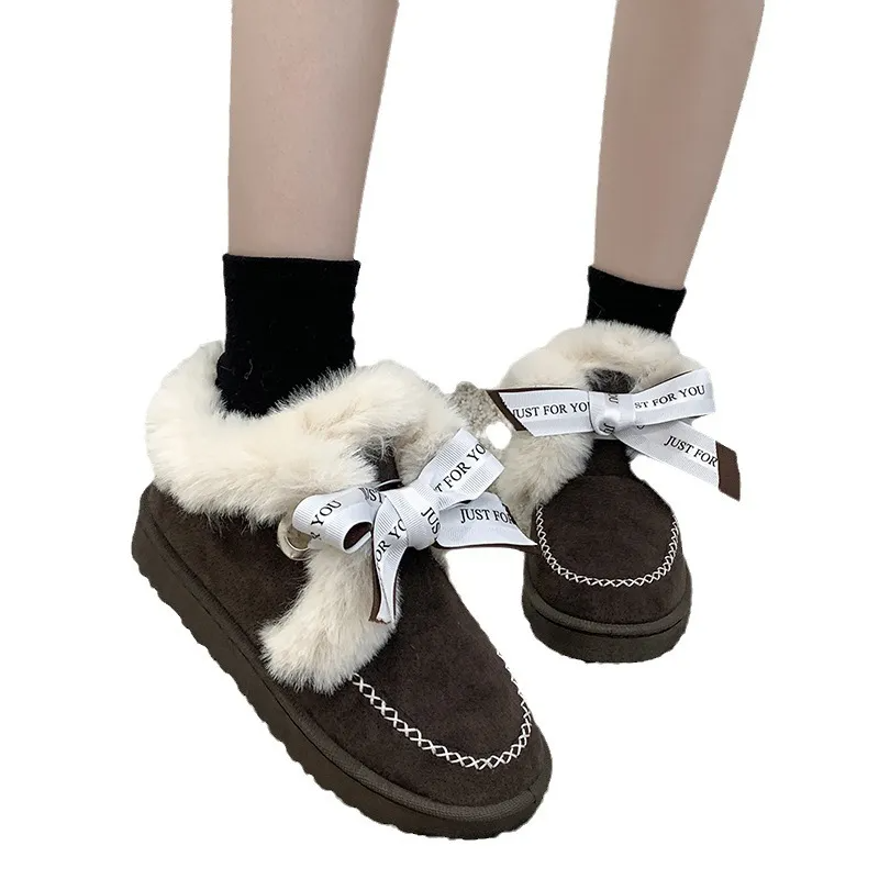 Suede Winter Women Fashion Solid Color Velvet Warm Bow Snow Boots