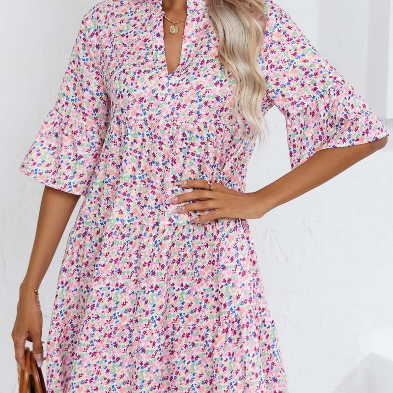 Women Fashion Casual Tiny Flower Printing V-Neck Loose Dress