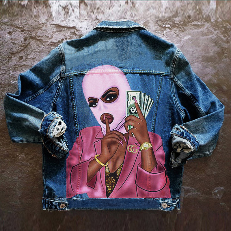 Women Casual Long Sleeves Graphic Printed Single-Breasted Denim Jacket