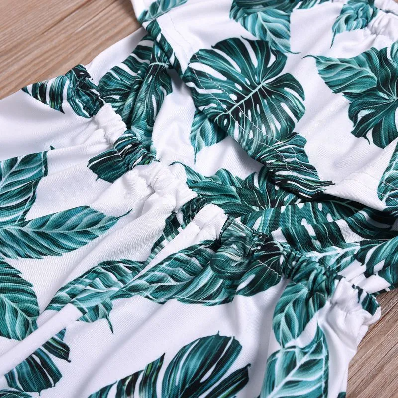 One Piece Girl Green Leaves Print Off-Shoulder Jumpsuit