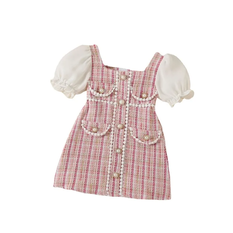 Toddler Girls Stripe Bow Pearl Puff Sleeve Dress