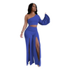 Women Fashion Sexy Solid Color One-Sleeve Top Slit Pants Set