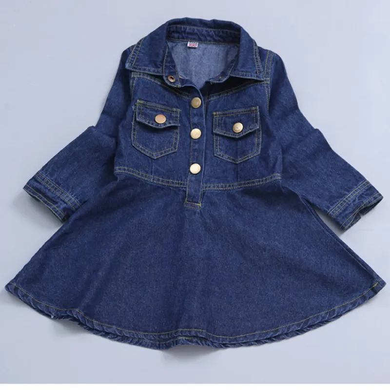 Kids Girls Simple Lapel Long Sleeve Pockets Denim Dress