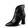 Women'S Fashion Pointed Toe Belt Buckle Stripe Back Zip Block Heel Short Boots