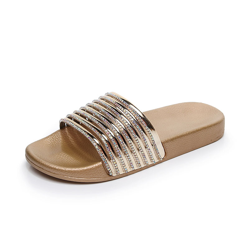 Women Leisure Rhinestone Decor Striped Flats Slippers Shoes