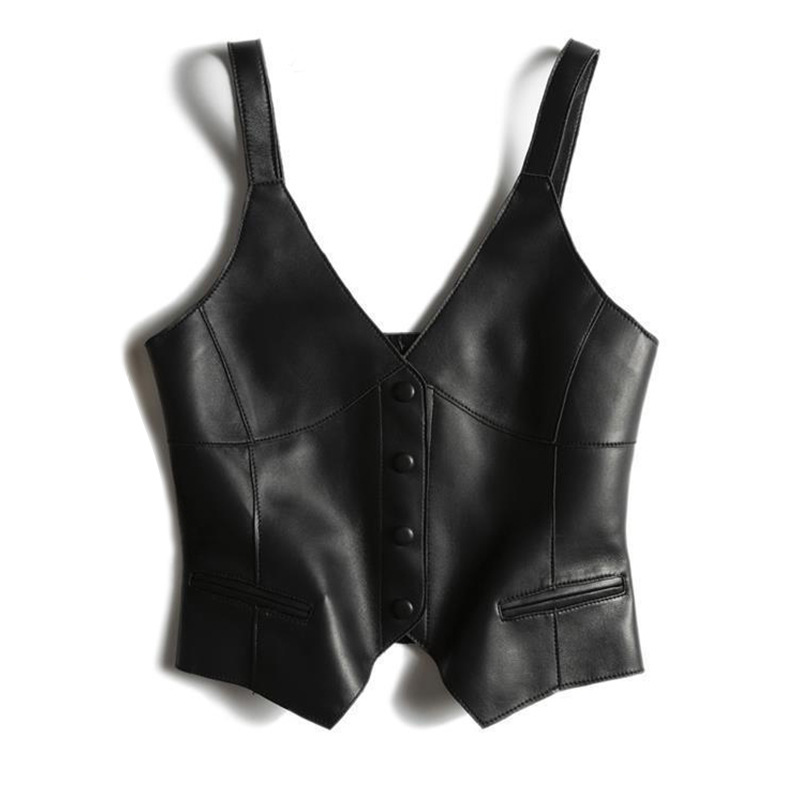 Women Solid Pu Leather Autumn Winter Fashion Short V-Neck Vest