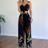 Fashion Women Sexy Summer Vacation Leaf Print Camis High Waist Wide Leg Pants Casual Set