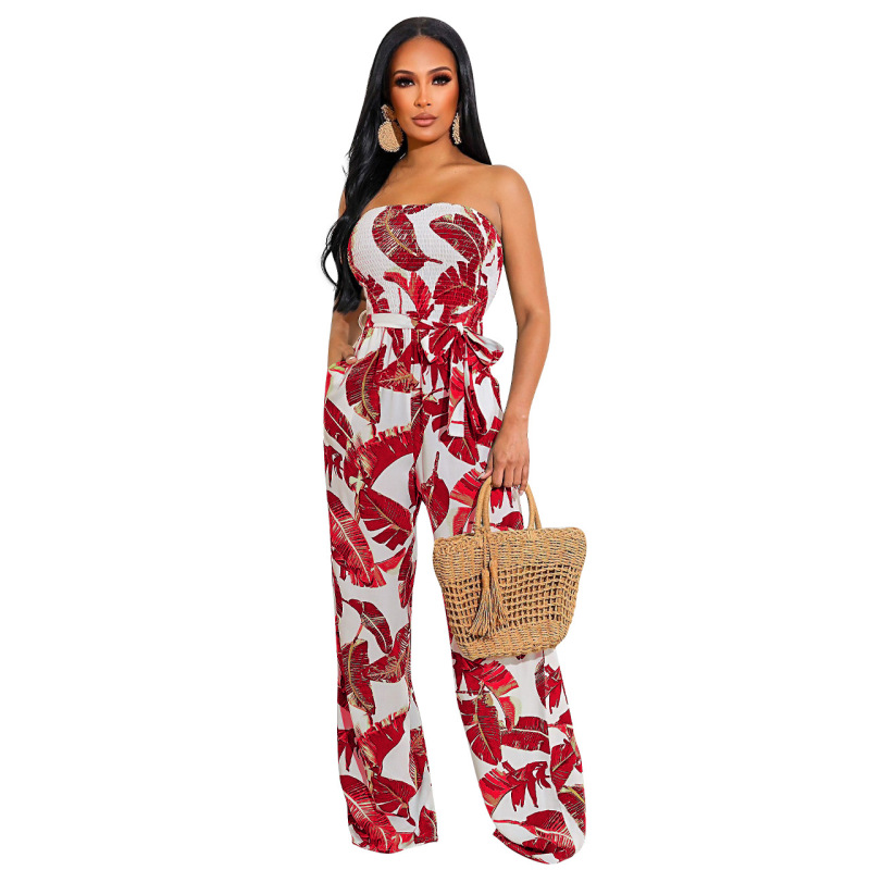 Women Print Tube Top Lace Wide Leg Jumpsuit