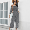 Women Vacation Long Sleeve Printed Pleated Waist Fashion Wide Leg Jumpsuit