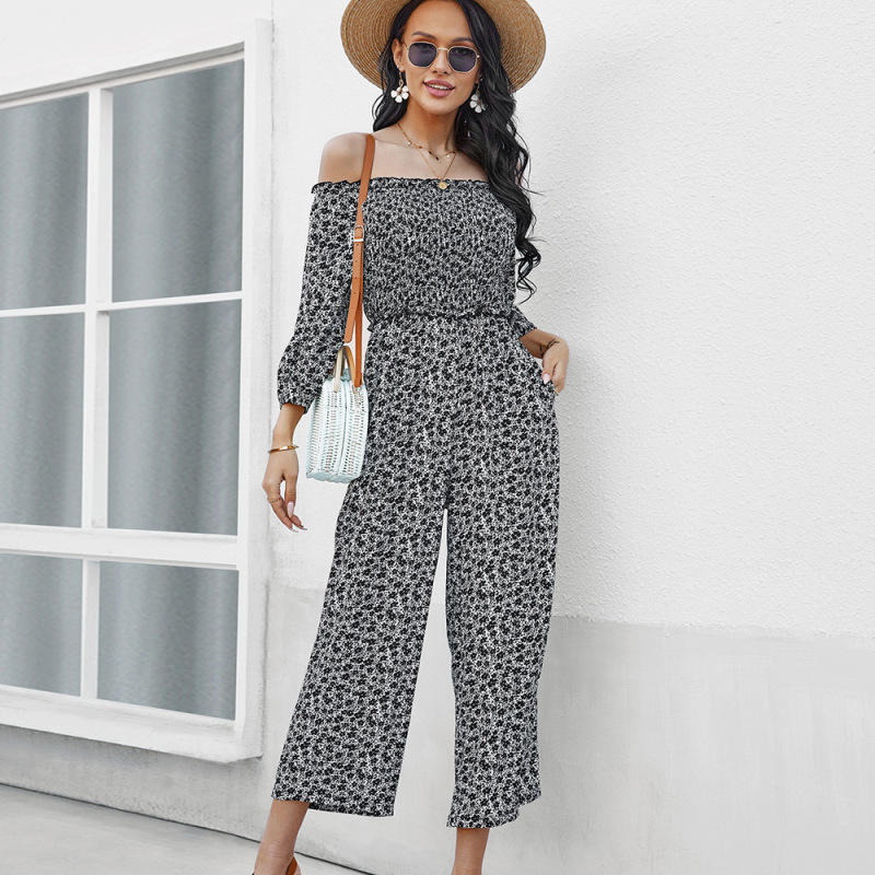 Women Vacation Long Sleeve Printed Pleated Waist Fashion Wide Leg Jumpsuit