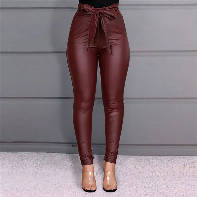 Women Fashion Solid Color High Waist Sash PU Leather Pants