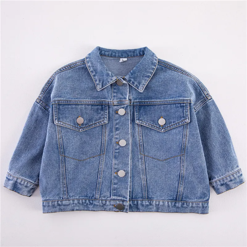 Kids Casual Solid Color Long Sleeve Single-Breasted Lapel All-Match Denim Coat