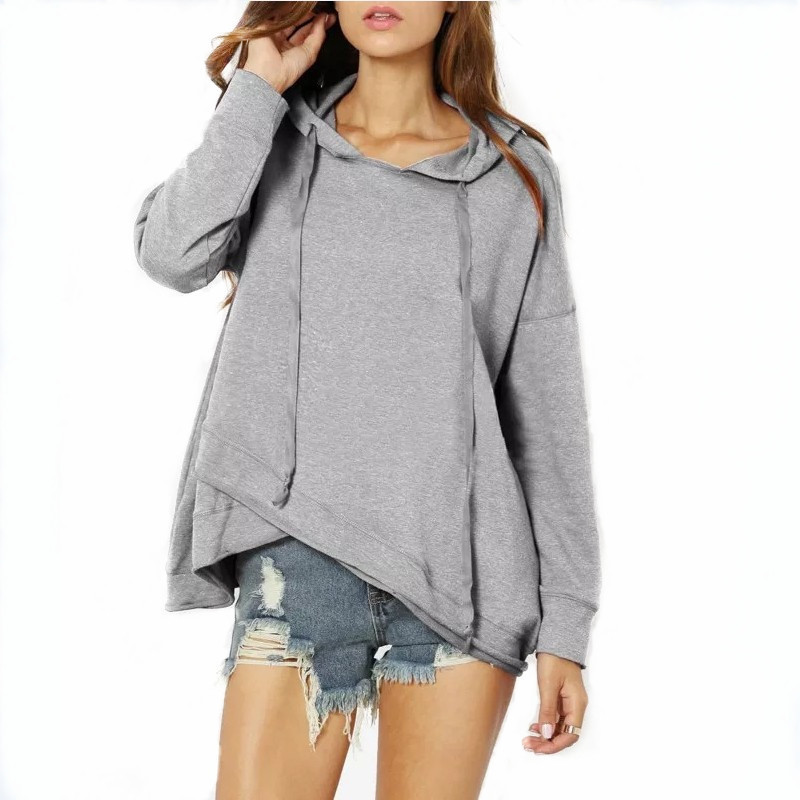 Autumn Women Irregular Hem Hooded Solid Long Sleeve Sweatshirt