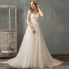 Women Elegant Lace Mesh See-Through Flower Solid Color Sweep Length Wedding Evening Dress