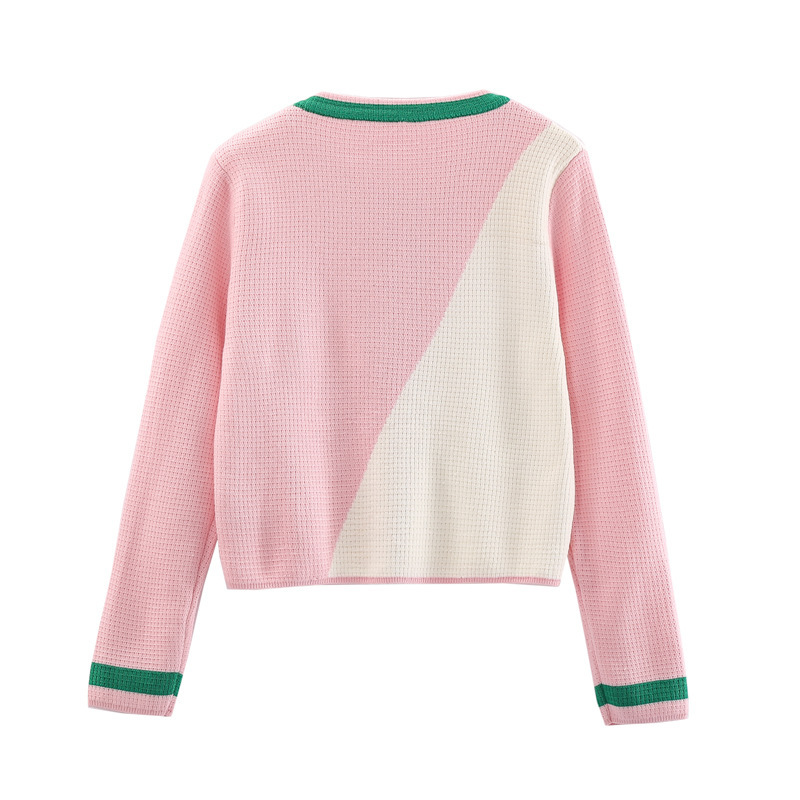 Women Simple Color-Blocking Round Neck Short Knitted Sweater