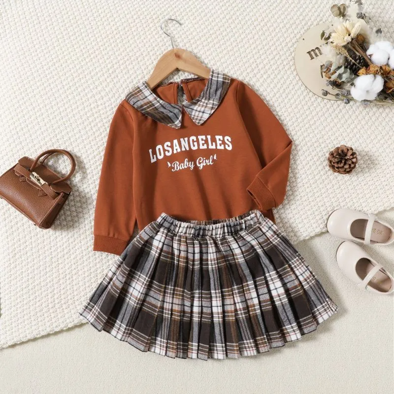 (Buy 1 Get 2) Children Fashion Plaid Print Girl Long Sleeve Plaid Print Two-Piece Set