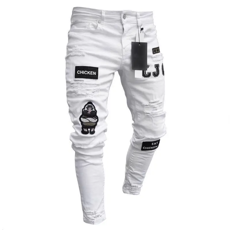 Men Fashion Casual Hip Hop Skinny Solid Color Badge Ripped Jeans