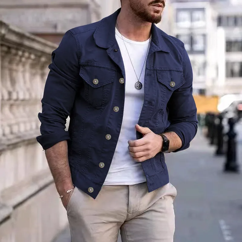 Men Fashion Casual Slim Fit Denim Jacket Multi Pocket Button Coat